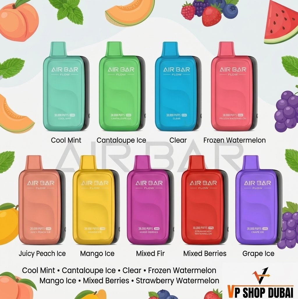 Air Bar Flow 30000 Puffs Disposable Vape with rechargeable battery, mesh coil system, and smart display for premium vaping experience in Dubai UAE