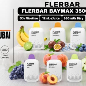 Flerbar Baymax 3500 Puffs 0mg Disposable Vape with rechargeable battery and nicotine-free e-liquid available in Dubai UAE